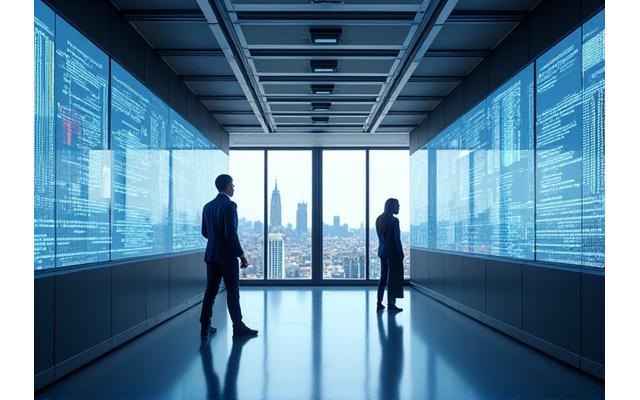 Vue moderne d'un bureau parisien avec des écrans affichant des données complexes et des cartes