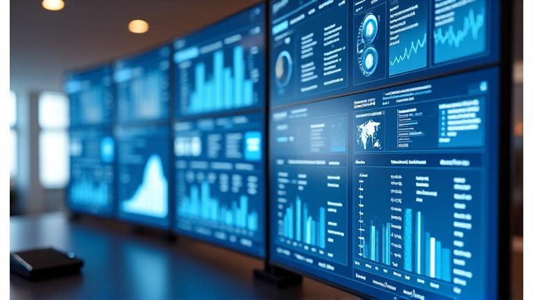 Interface d'un tableau de bord de plateforme d'intelligence marché avec des graphiques en temps réel.