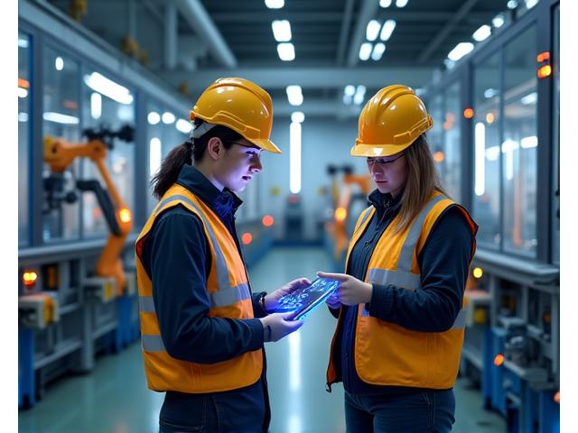 Ingénieurs inspectant des machines industrielles complexes dans une usine moderne