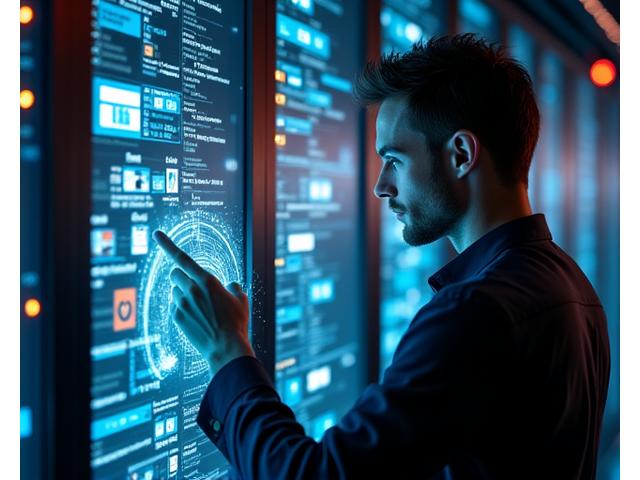Personne travaillant avec des interfaces numériques complexes affichant des données et du code
