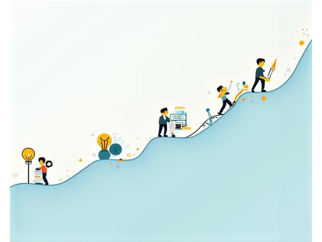 Illustration d'une frise chronologique stylisée représentant les étapes de croissance d'une startup, avec des icônes symbolisant chaque phase : idée, financement, expansion, et réussite.