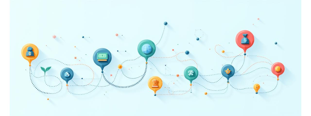 Une frise chronologique stylisée avec des bulles de texte et des icônes représentant les jalons de succès de différentes startups, illustrant des levées de fonds (sacs d'argent), des dépôts de brevets (certificats), et des expansions internationales (globes). Les éléments sont interconnectés par des lignes de croissance et utilisent les couleurs de la marque.