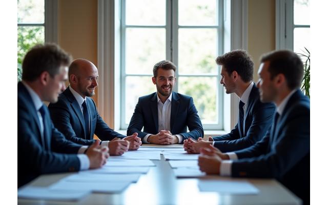 Une équipe de professionnels Meridian Expertise en pleine discussion stratégique avec un client, symbolisant la confiance et la collaboration.