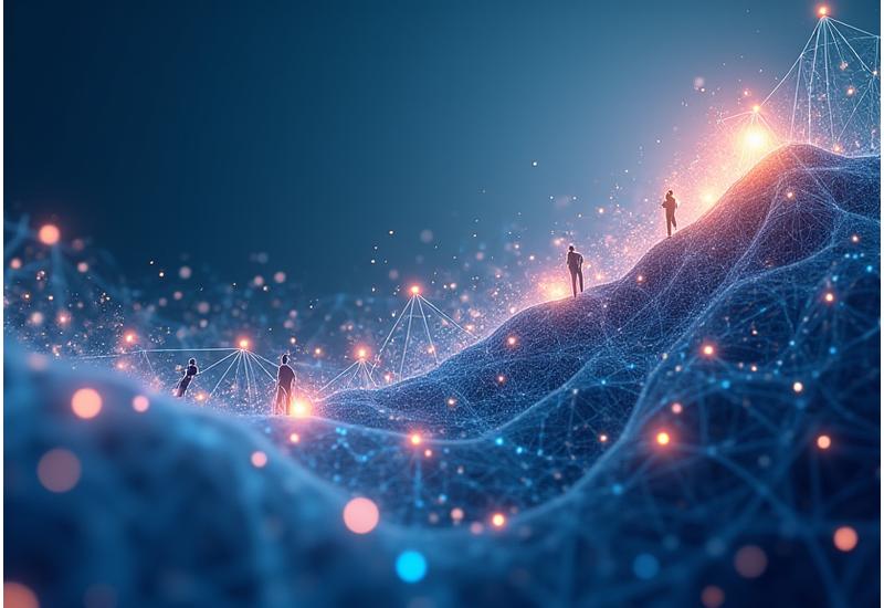 Visualisation dynamique d'une transformation organisationnelle avec des éléments interconnectés et des flèches de progression