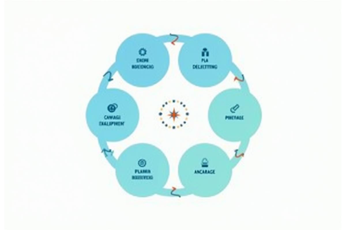 Schéma circulaire illustrant les 5 phases de la méthodologie de transformation organisationnelle de Meridian Expertise: Diagnostic, Design, Plan, Déploiement, Ancrage