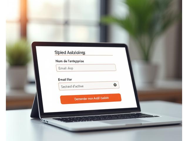 Illustration d'un écran de tablette ou d'ordinateur affichant un formulaire d'audit de risques en ligne avec des champs à remplir et un bouton pour soumettre, symbolisant la facilité d'accès à l'offre d'audit gratuite de Meridian Expertise.