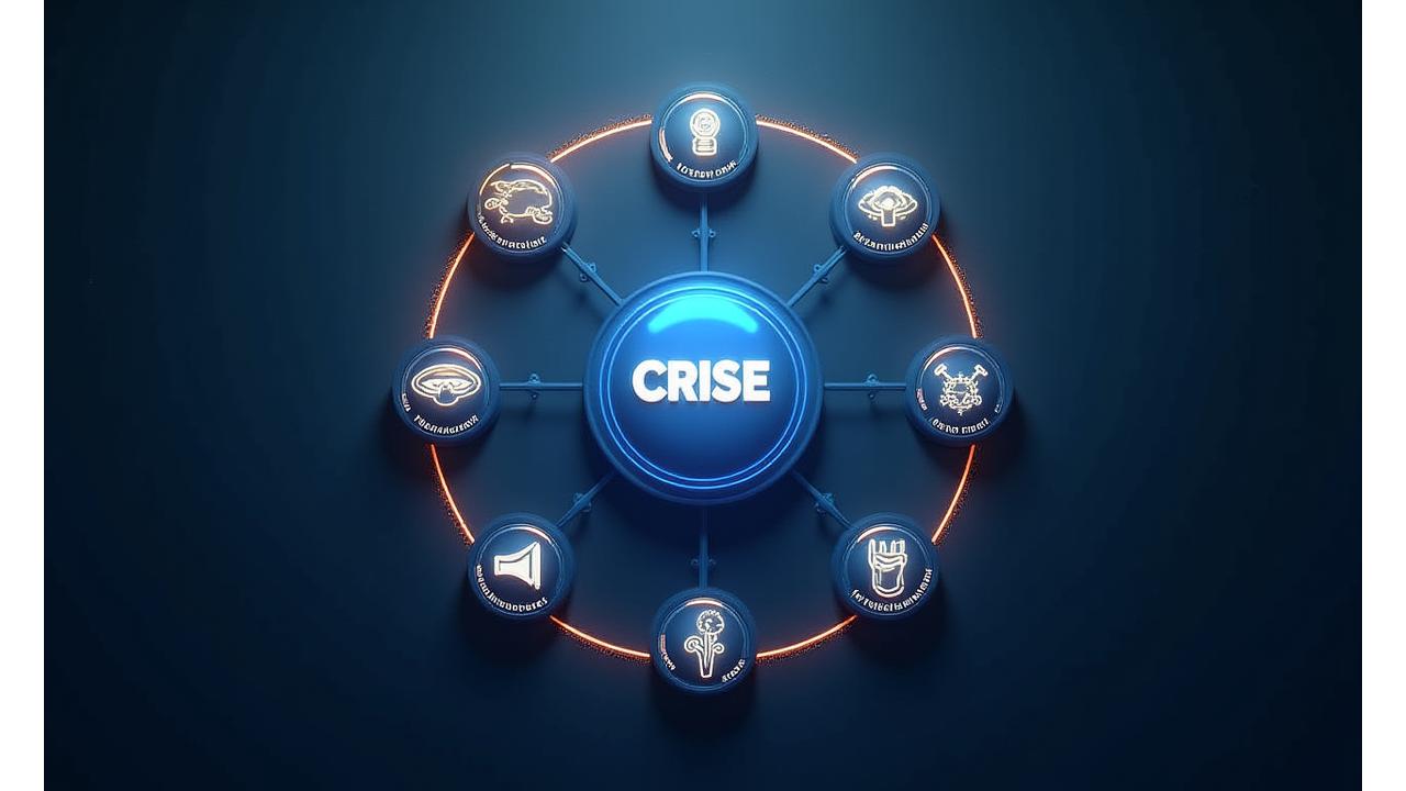Illustration graphique d'une ligne de temps stylisée représentant les étapes d'activation d'un protocole de gestion de crise, depuis la détection jusqu'à la phase de rétablissement, avec des icônes symbolisant chaque étape (alerte, évaluation, action, communication, résilience).