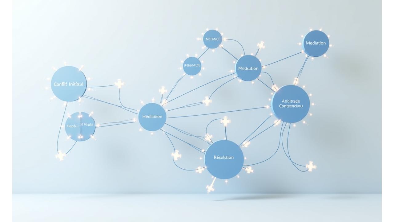 Diagramme de flux décisionnel interactif montrant les différentes étapes et options de résolution de conflits, de la négociation à l'arbitrage ou au contentieux, avec la possibilité de cliquer sur chaque étape pour plus de détails.
