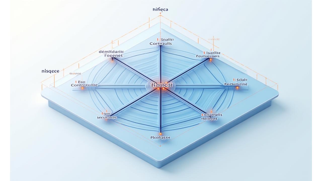Vue isométrique d'un diagramme en toile d'araignée illustrant différents types de risques (financiers, opérationnels, réputationnels) avec des niveaux variés, symbolisant la couverture complète des risques par Meridian Expertise.
