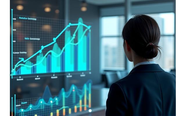 Homme d'affaires expérimenté regardant un graphique de croissance montrant une tendance positive