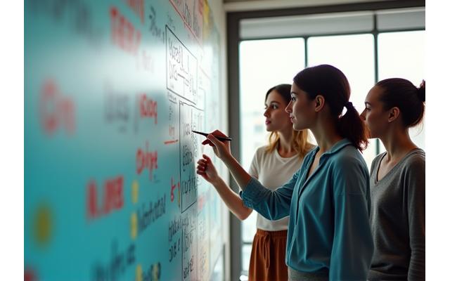 Jeune équipe de startup travaillant collaborativement devant un tableau blanc avec des schémas de croissance