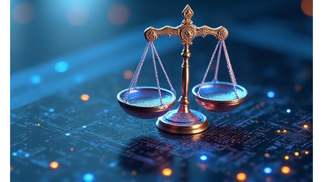 Symbolisme de la législation et la conformité, avec une balance de justice et des documents juridiques sur un fond bleu-gris