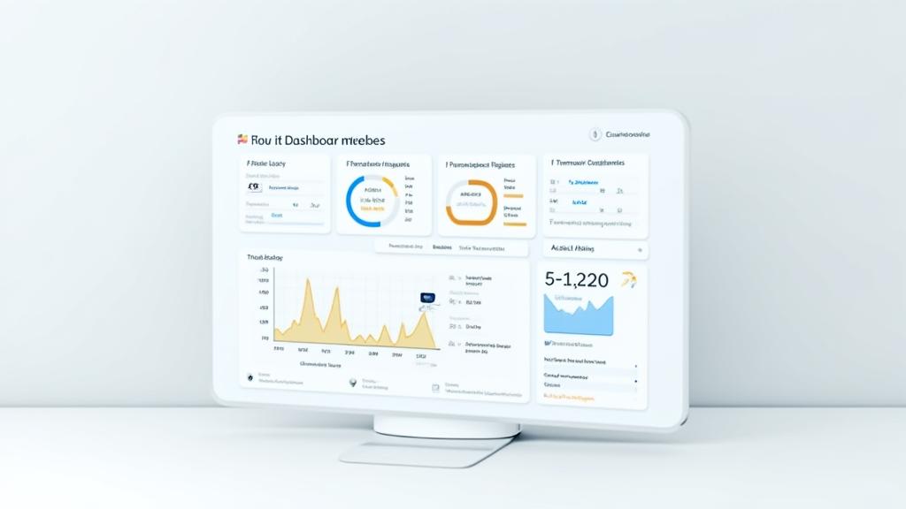 Mockup d'un tableau de bord numérique affichant des métriques et des alertes de propriété intellectuelle